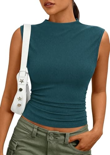 PRETTYGARDEN Sleeveless Tops for Women Ribbed Mock Neck Tank Top Slim Fitted Ruched Basic Layering Shirts 2026 Summer Clothes (Teal,Large) - Image 1