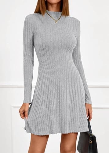 KIRUNDO Sweater Dress for Women 2026 Spring Fall Long Sleeve Mock Turtleneck A Line Fit and Flare Ribbed Knit Short Dresses(Grey, X-Small) - Thumbnail 4