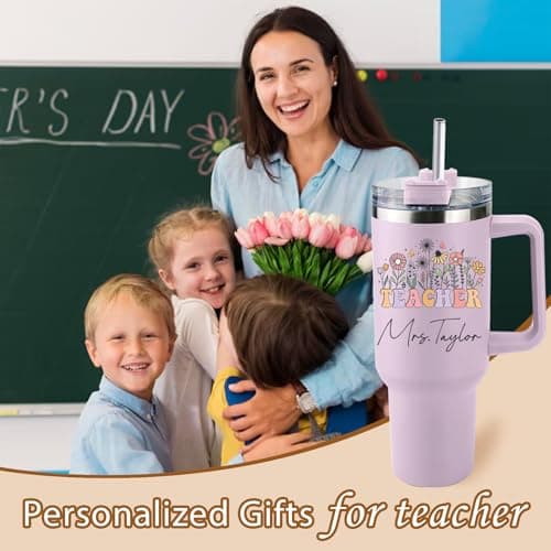 Elemtansy Teacher Appreciation Gifts Personalized Tumbler with Name Custom 40 oz Tumbler with Handle Customized Thank You Teacher Gifts from Students Back to School 2026 Graduation Cup Gifts for Women - Thumbnail 2