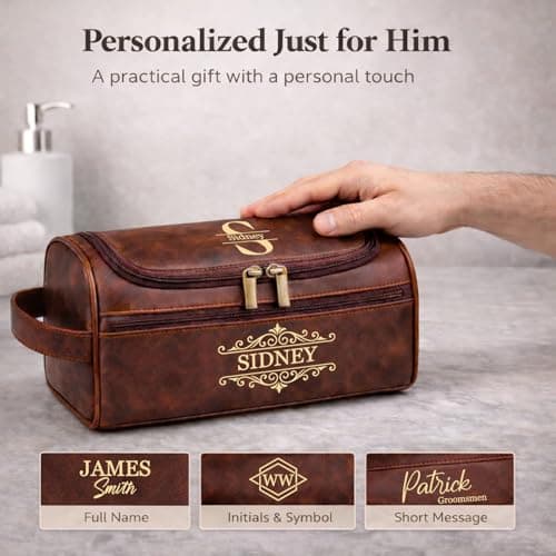 Xpanrous Personalized Travel Toiletry Bag - Hanging Toiletry Bag for Men Water Resistant Leather Shaving Bag with Large Capacity for Travel, Custom Engraving Gift for Husband Dad (Light Brown) - Thumbnail 2