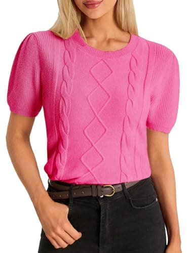 Cicy Bell Womens Puff Short Sleeve Sweater Tops Cable Knit Crew Neck 2026 Spring Shirts Lightweight Dressy Casual Sweaters Rose Red - Image 1