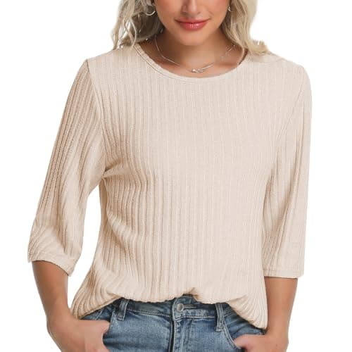 MAGICATELIER Women Fall Outfits Sweaters Tunic Tops Loose Fit Dressy 3/4 Sleeve Crew Neck Business Casual Blouses Plus Size Shirts 2026 Off-white - Image 1