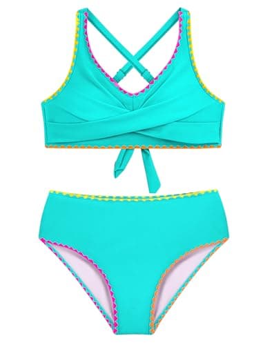 HOZIY Girl Swimsuits Teen Kids Two Piece Bikini Sets Mint Green V-Neck Crisscross Bathing Suit Juniors Adjustable Straps Swim Swimwear Size 14-16 - Image 1