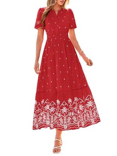 BTFBM Summer Dresses for Women 2026 Casual V Neck Short Sleeve Flowy Wedding Guest Beach Vacation Floral Boho Maxi Dress(Red White Flower, Small) - Image 1