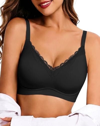 HORISUN Wireless No Underwire Bra for Women V-Neck Lace Trim Jelly Supportive Seamless Bra Comfortable Tshirt Bralette (Black 38A) - Image 1