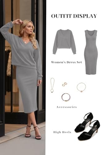 Anyshe Women's 2 Piece Matching Knit Sweater Set, Long Sleeve V-Neck Top with Maxi Skirt, Effortless Style for Vacation - Thumbnail 5