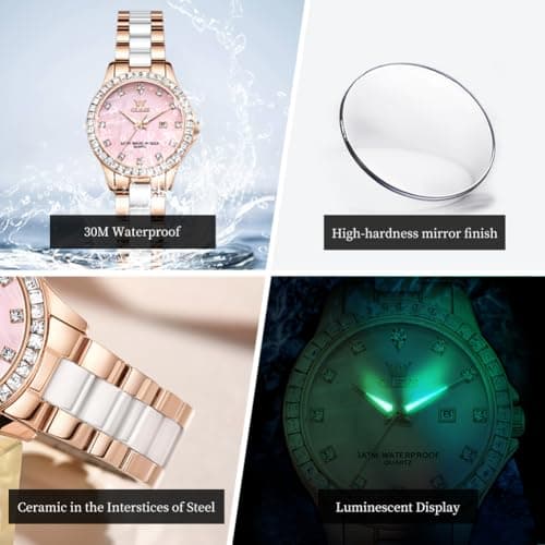 OLEVS Women's Rose Gold Watch for Women Water Resistant Watches Quartz Day Date Ceramic Stainless Steel Band Luxury Pink Mother of Pearl Diamond Dial Elegant Ladies Dress Wrist Watch Gift for Her - Thumbnail 5