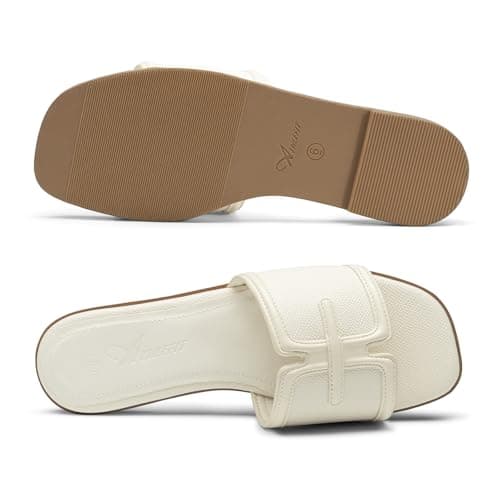 Athlefit Flat Sandals for Women Dressy Square Open Toe Comfortable Slip On Summer Beach Casual Slide Sandals Ivory Size 7 - Thumbnail 6