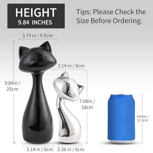 SURE YUESI Ceramic Cat Statue Set of 2, Black & Silver Cute Cat Figurines, Desk & Shelf Decor for Cat Lovers, Office Home Decor, Lucky Cat Memorial Gift for Women - Thumbnail 3