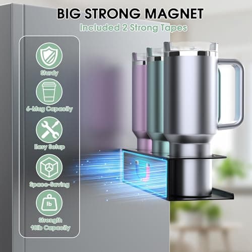 POLRAI 4 Pack Magnetic Cup Holder for Refrigerator, Water Bottle Organizer for Stanley and Tumbler, Accessory with Lid Hook Straw Holder and Double Sided Tape for Kitchen Fridge Cabinet - Thumbnail 2