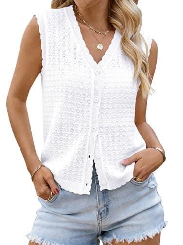 Bellcoco Womens Sleeveless V Neck Sweater Vest Crochet Knit Summer Tops Button Down Spring Cardigan Casual Outfits 2026 White XXL - Image 1