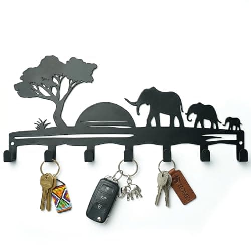 Metal Key Holder Wall Mount, African Safari Key Rack Hooks, Elephant Family Sunset Wall Art Organizer for Entryway, Kitchen, Hallway, Garage, Farmhouse Home Decor & Housewarming Gift (Elephant) - Image 1