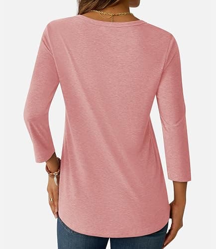 GKBK Womens Tops 3/4 Sleeve Shirts V Neck Casual Blouses Basic Loose Fit Pullover Tshirts Dusty Pink XL - Thumbnail 4