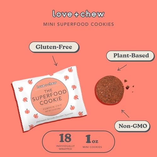 Love + Chew Mini Vegan Cookies, Gluten Free, 3g Plant Based Protein Per Cookie, Pumpkin Chocolate Chip Flavor, Healthy Snacks for Adults and Kids, Individually Wrapped Cookies, Pumpkin Chip, 18 Pack - Thumbnail 3