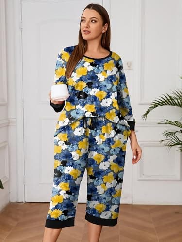 AusLook Women’s Plus Size Pajama Sets Floral 3/4 Sleeve Nightwear Top and Capri Pants 2 Piece Lounge Set with Pockets - Thumbnail 4