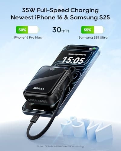 Kuulaa Small Power Bank, Ultra-Compact 10000mAh 35W Fast Charging Portable Charger with Built-in USB-C Cable, Pocket-Size Travel Battery Pack for iPhone 17/16/15, Samsung Galaxy, iPad,Black - Thumbnail 2