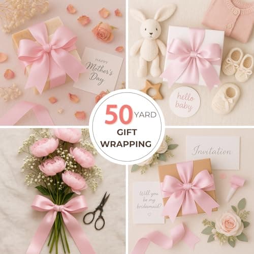 Pink Ribbon 1-1/2 Inch x 50 Yards – Double Faced Satin Soft Ribbon for Baby Shower, Girl Gift Wrapping, Bows & Birthday Decor - Thumbnail 5