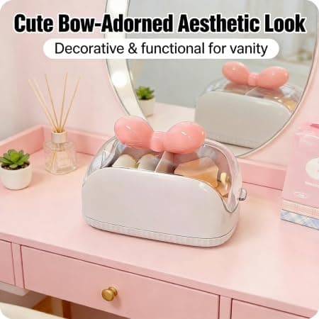 Makeup Storage Box with Cute Bow, Dual-Compartment Design, Sealed Dustproof Lid, Transparent Visible Body, Lightweight Travel-Friendly, Durable Plastic for Cosmetics Sponges Puffs Lipsticks - Thumbnail 6