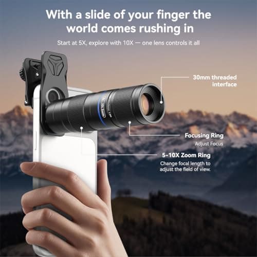 APEXEL Telephoto 5-10X Zoom Lens for iPhone & Android, Optical Magnification, Universal Clip-On Phone Camera Lens, Aviation Aluminum Body for Travel, Sports & Concert Photography - Thumbnail 6