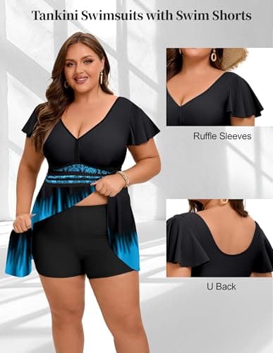 Arolina Modest Swimsuits for Women Full Coverage Tankini Bathing Suit Curvy Swim Dress Swimwear with Shorts Medium Black Lake Blue - Thumbnail 6