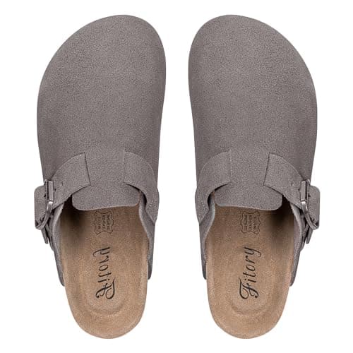 FITORY Womens Clogs Slip-on Potato Shoes Leather Mules with Suede Cork Footbed Grey Size 8 - Thumbnail 6