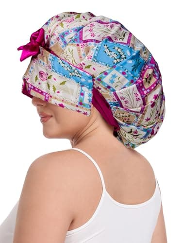 Vettres Pleated Silk Sleeping Bonnet with Eye Mask Double Layer Satin Hair Bonnets Sleep Cap for Curly Natural Hair Blue Purple Floral - Thumbnail 6