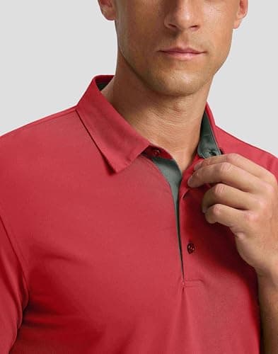 Men's Golf Shirts Dry Fit Moisture Wicking Performance Short Sleeve Collared Polo Shirts for Casual Tennis Bussiness (Dark Red, XXL) - Thumbnail 3
