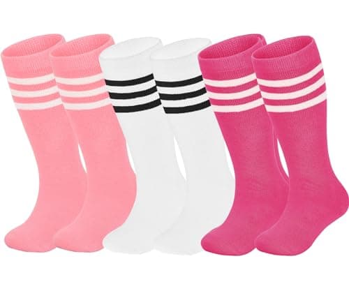 ENBAOHUI 3 Pack Toddler Soccer Socks - Girls & Boys Knee High & Tube Socks - White/Pink/Rose 4-7T - Image 1