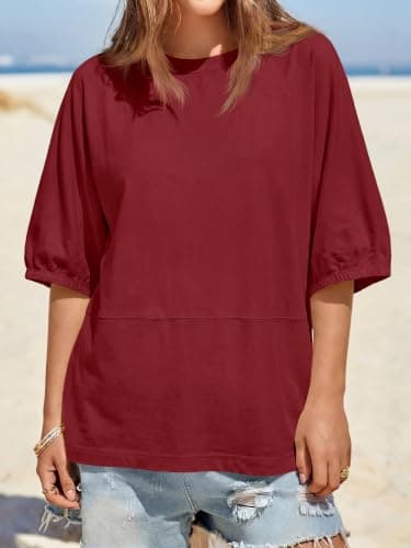 Tankaneo Oversized Tshirts for Women Summer Half Sleeve Tops Casual Crewneck Baggy Tunic Loose Fit Basic Tees Spring Clothes Wine Red - Thumbnail 2