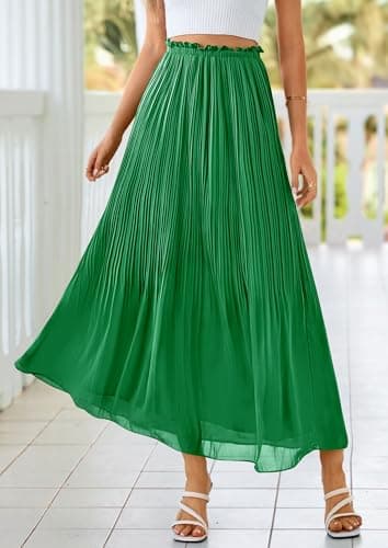 PRETTYGARDEN Long Skirts for Women Summer Vacation Outfits 2026 Spring Chiffon Elastic Waist Flowy A-Line Pleated Midi Skirt(Green,Small) - Thumbnail 5