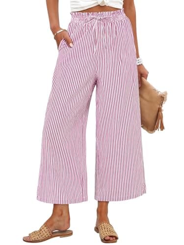 ANRABESS Womens Striped Gingham Palazzo Capri Pants Pajama Wide Leg Lounge Trousers Plaid Cute Crop PJ Bottoms with Pockets Red White Stripe X-Large - Image 1
