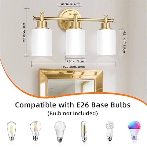 imizdlum 3-Light Gold Bathroom Vanity Light Fixtures, Brushed Gold Wall Sconce, Champagne Gold Vanity Light with Milky White Glass Shade Over Mirror, Bathroom, Bedroom, Modern Style, E26 Base - Thumbnail 3