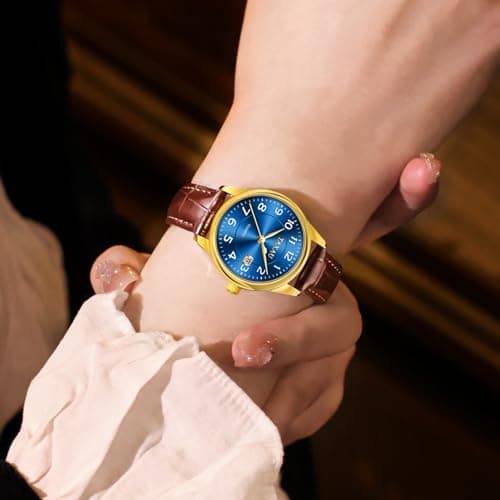 Taxau Watches for Women Blue Face Leather Small Wrist Watch Luxury Analog Lady Watch with Date Large Arabic Numbers Water Resistant Casual Fashion Elegant Brown Watches Reloj para Mujer - Thumbnail 2