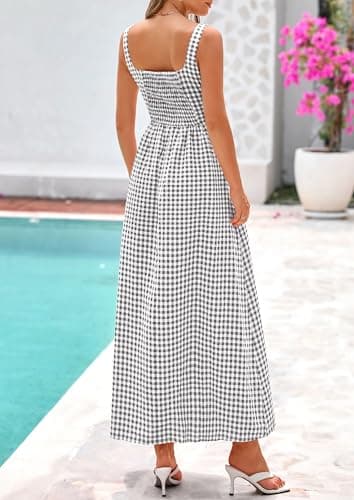 PRETTYGARDEN Women's 2026 Summer Spaghetti Strap Maxi Dresses Plaid Square Neck A Line Casual Beach Vacation Long Sundress (Grey,X-Large) - Thumbnail 2
