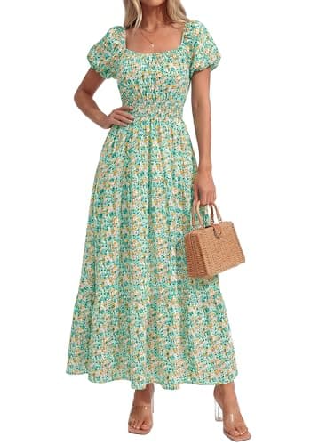 BTFBM Summer Dress for Women 2026 Spring Floral Short Sleeve Casual Flowy A-Line Smocked Tiered Maxi Dresses Pockets(Floral Green, X-Large) - Thumbnail 2
