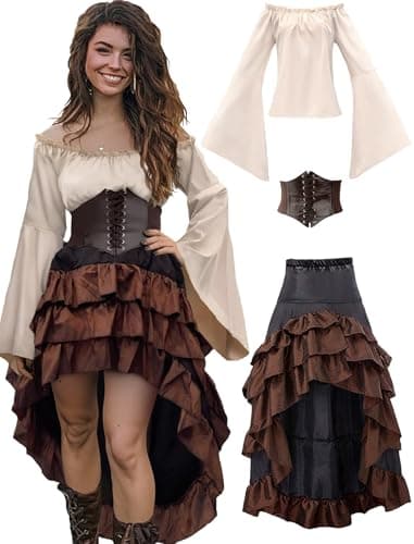 Verceco Pirate Costume Women Outfit with Renaissance Pirate Shirt Skirt Corset Waist Belt Womens Halloween Pirate Costumes (Beige+Brown, M) - Image 1