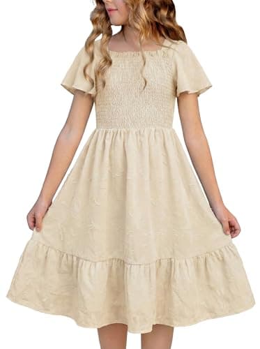 FREELYVE Tween Girls Summer Floral Dress Smocked Ruffle Sleeve Beach Party Boho Flowy Dresses with Pockets,Apricot,10-11Y - Image 1