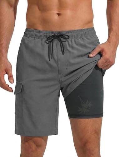 SILKWORLD Mens Swim Trunks 9 Inch Bathing Suit with Compression Liner Beach Wear Swimming Shorts for Men Palm Tree S - Image 1