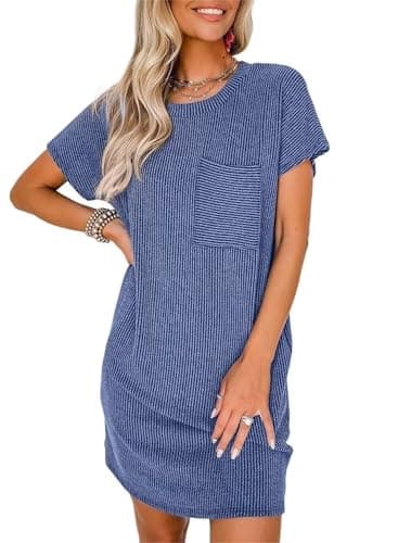Acelitt Womens Casual Summer Dress 2026 Fashion Crewneck Short Sleeve Trendy Loose Vacation Beach Ribbed Shift Shirt Mini Dresses Blue Large