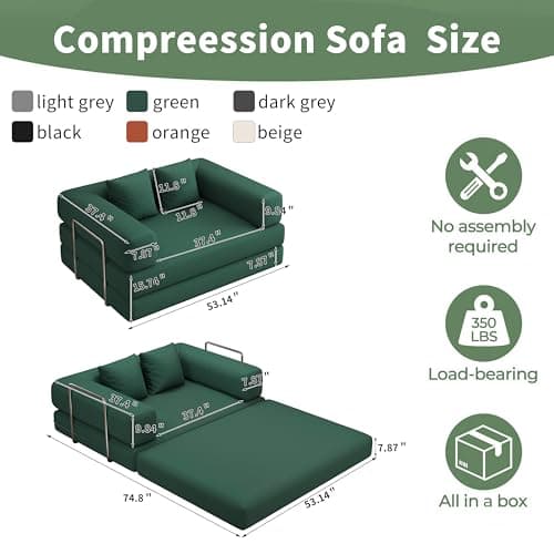 BSHOMGI Folding Sofa Bed Convertible Corduroy Couch Queen Size Floor Sleeper 4-in-1 DIY Combination Modular Lazy Sofas Fold Futon Lounge for Living Room (Green, 53.15" Double Sofa) - Thumbnail 2