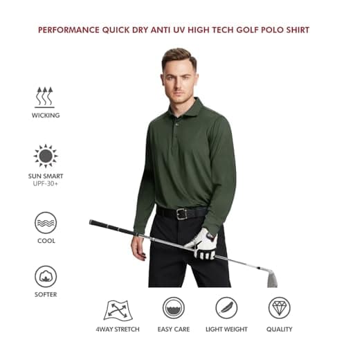 M MAELREG Long Sleeve Golf Shirt Men Performance Tennis Athletic Golf Polo Long Sleeve Shirts for Men Olive Green - Thumbnail 6