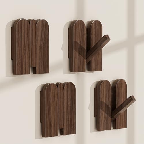 Wood Wall Hooks – Set of 4 Foldable Solid Walnut Coat Hooks, Rustic Decorative Wooden Wall Hooks for Entryway, Bedroom, Bathroom, Heavy Duty Space Saving Wall Hangers for Coats, Bags, Towels & More - Image 1