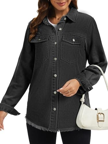 Bosmeer Essentials Denim Jackets for Women Trendy Long Sleeve Button Up Denim Shirt Jacket Jean Shacket with Pocket Distressed Summer Jackets - Thumbnail 6
