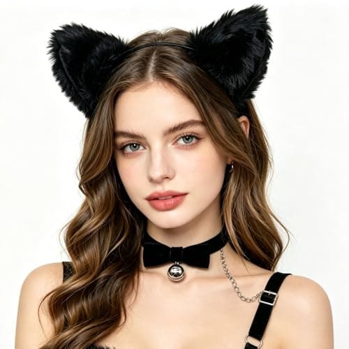 Cat Ears and Tail Black Cat Headband Long Tail Bell Collar for Adults Women - Thumbnail 2