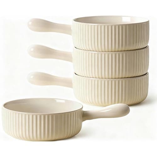 COIKZLY French Onion Soup Bowls, 20 Oz Soup Bowls with Handles, Microwave, Dishwasher & Oven Safe - Stackable Ceramic Soup Crocks for Chili, Beef Stew Set of 4, Beige - Image 1