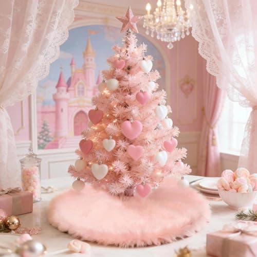 Ivarunner Small Pink Valentine's Day Tree Skirt 24 Inch, Mini Pastel Fur Candy Tabletop Tree Skirt for 2-4 Foot Tree, Spring Easter Wedding Party Decor - Image 1