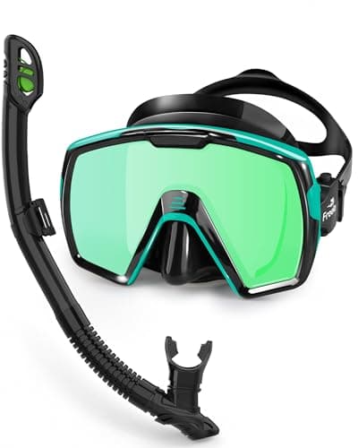 Freela Adult Dry Snorkel Set with Nose Cover for Men Women Scuba Diving Mask with Mirrored Green Len, Tempered Glass 180° Wide View, Anti Fog No Leak Snorkeling Gear for Breathing Swimming Diving