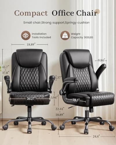 COMHOMA Mid-Back Office Chair, Ergonomic PU Desk Chair with Flip up Arms, Small Computer Gaming with Comfy Lumbar Support,Rocking Function,Sturdy Metal Base, Ink Black - Thumbnail 2