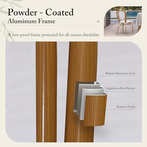 PURPLE LEAF Patio Dining Chair Set of 2 Outdoor French Aluminium Frame in Bamboo Finish with White & Gray Woven Rattan for Indoor Kitchen Deck Bistros Cafe Restaurant - Thumbnail 6