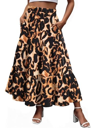 Magritta Women's Summer Maxi Skirt High Waist Pleated Ruffle with Pockets Dark Cheetah Print Medium - Image 1